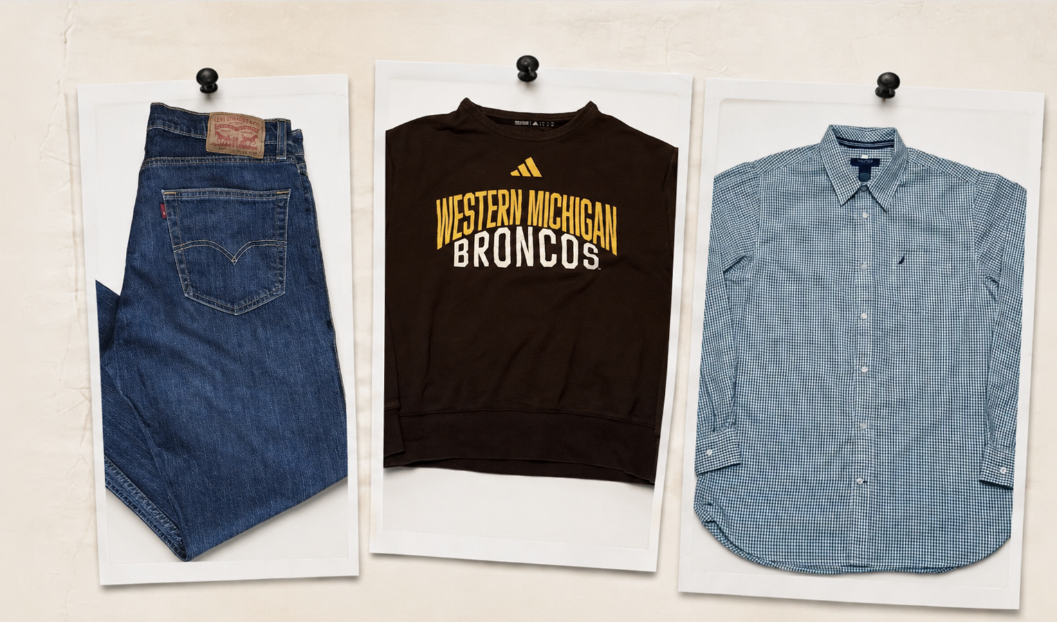 Levi's jeans, a Champion quarter-zip fleece and a Dickies checked shirt pinned side by side